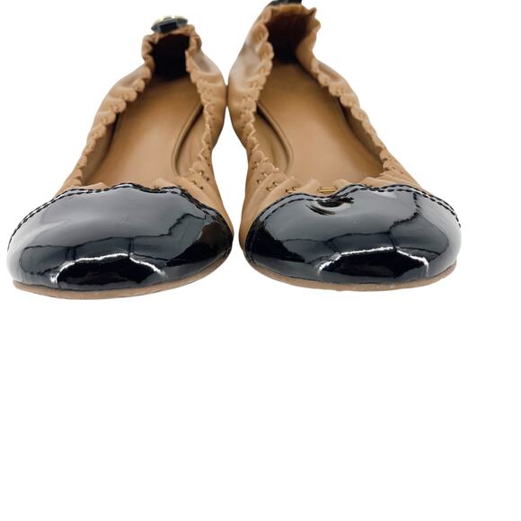 Tory Burch Melinda Cap Toe Ballet Flats Size 11 Tan Leather Black Patent Gold - Picture 3 of 7